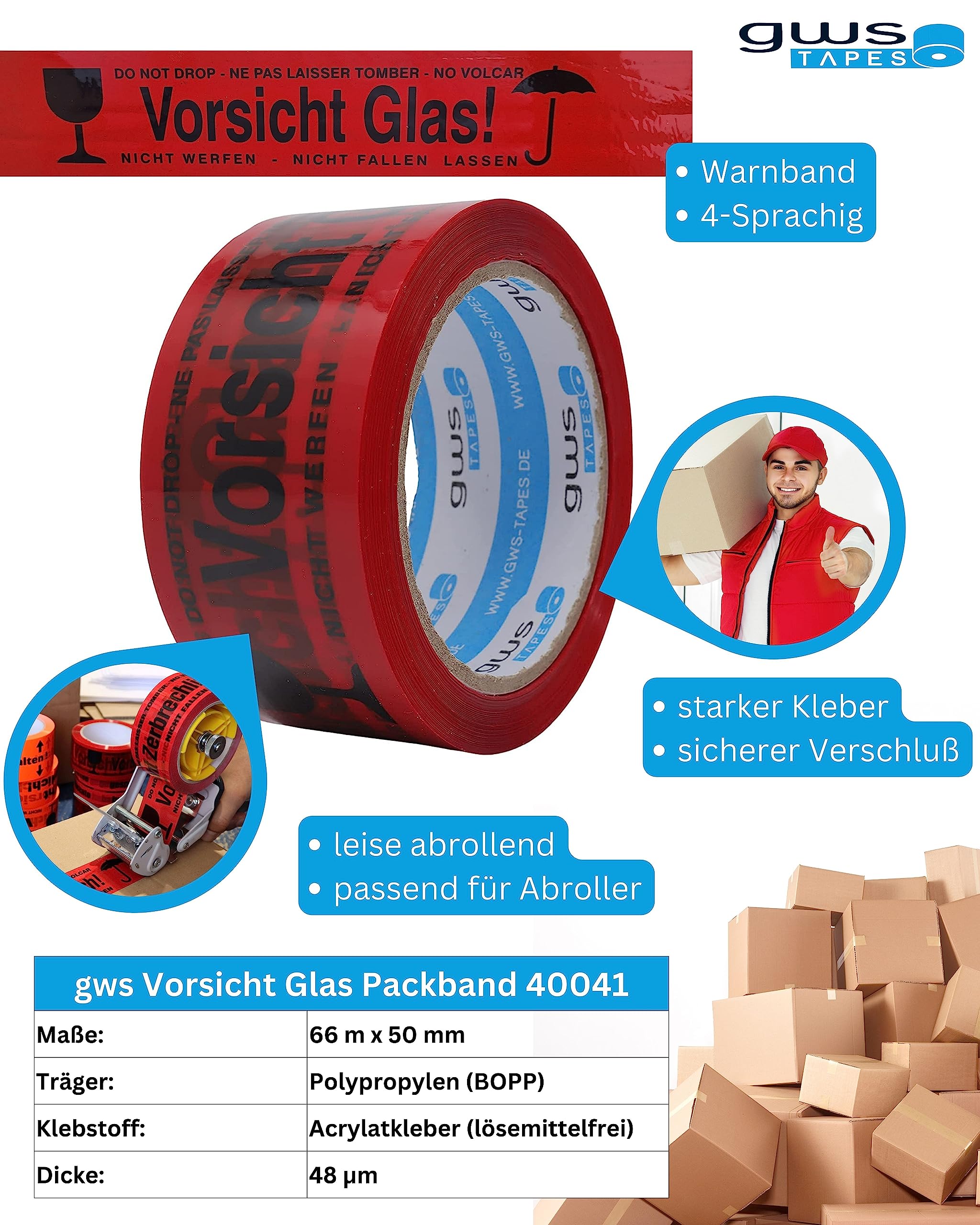gws Nastro adesivo per imballaggi di qualità professionale, in vetro, rosso, PP, 50 mm x 66 m (36 rotoli)