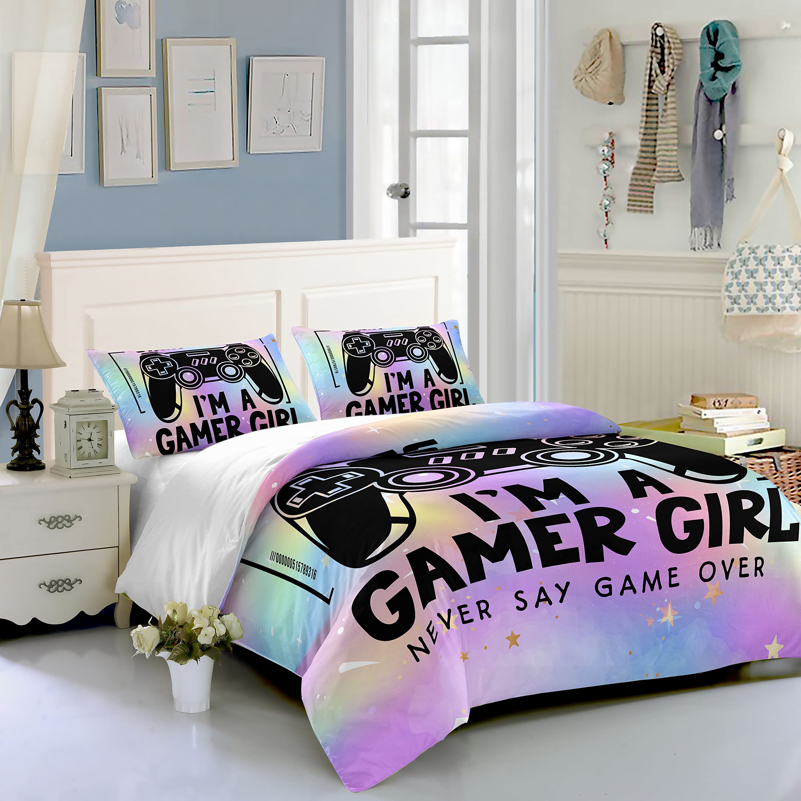 HOSIMA Gamer Duvet Cover Bedding Set for Girls Cartoon Game Console Pattern Video Game Themed Gamepad Colorful Print Comforter Cover with 2 Pillowcases (Double) - Image 2