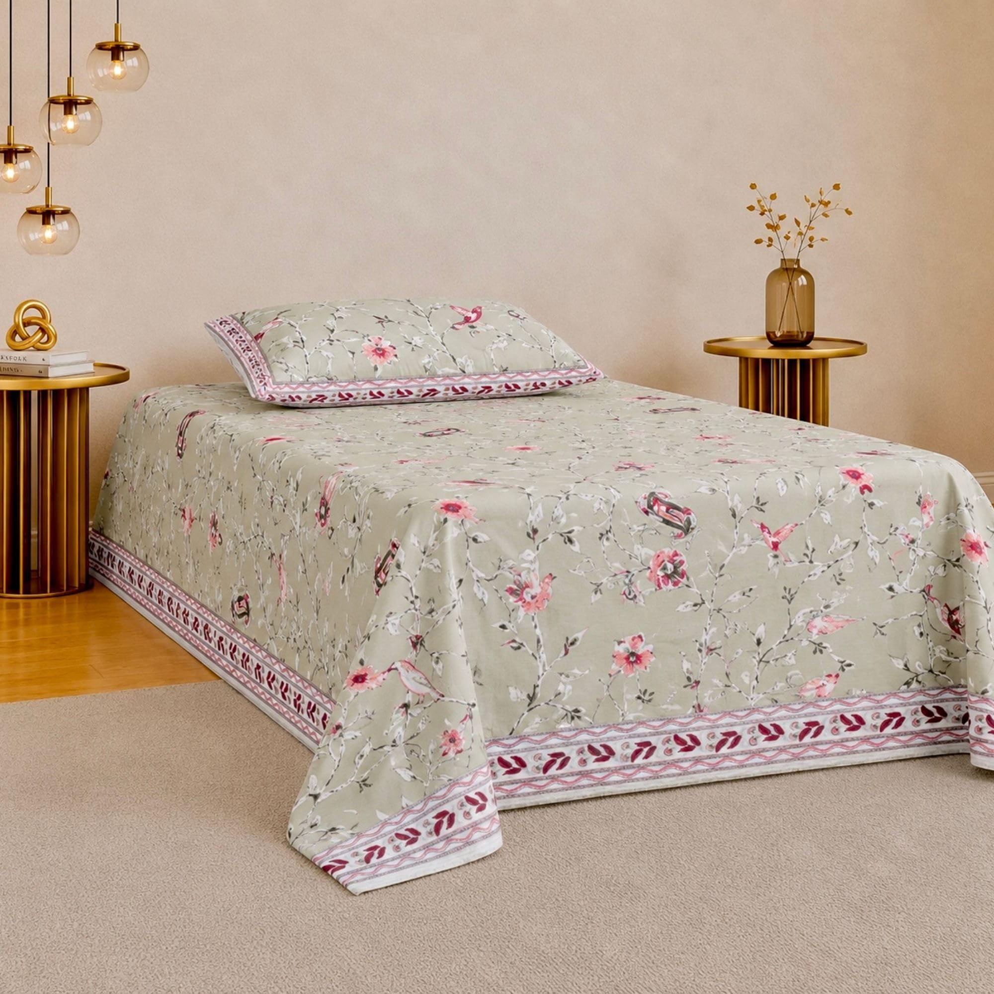 Jaipur Weaves 100% Pure Cotton Bedsheet for Single Bed, 1 Single Bedsheet with 1 Pillow Cover | 180 TC Single Bedsheet Cotton | 90x60 Inches |Single,Bud Green Bird-image-9