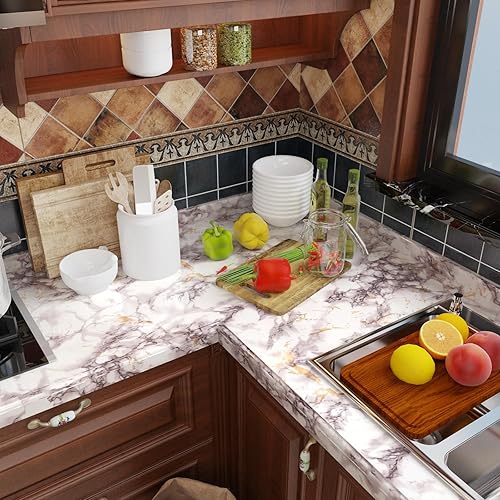 Miniatura 7 de VIOPVERY Papel de contacto de mármol blanco marrón pelable de vinilo pelable de 35 x 197 pulgadas, papel tapiz de mármol floral, brillante,