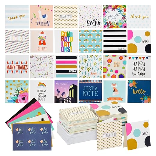 All Occasion Mini Notecards with Envelopes and 24 Stickers- 72-Pack Tiny Cute Greeting Cards for Birthday, Wedding, Party, Anniversary, Thank You, 24 Assorted Design, 3 of Each, Folded 2.5x2.5 Inches