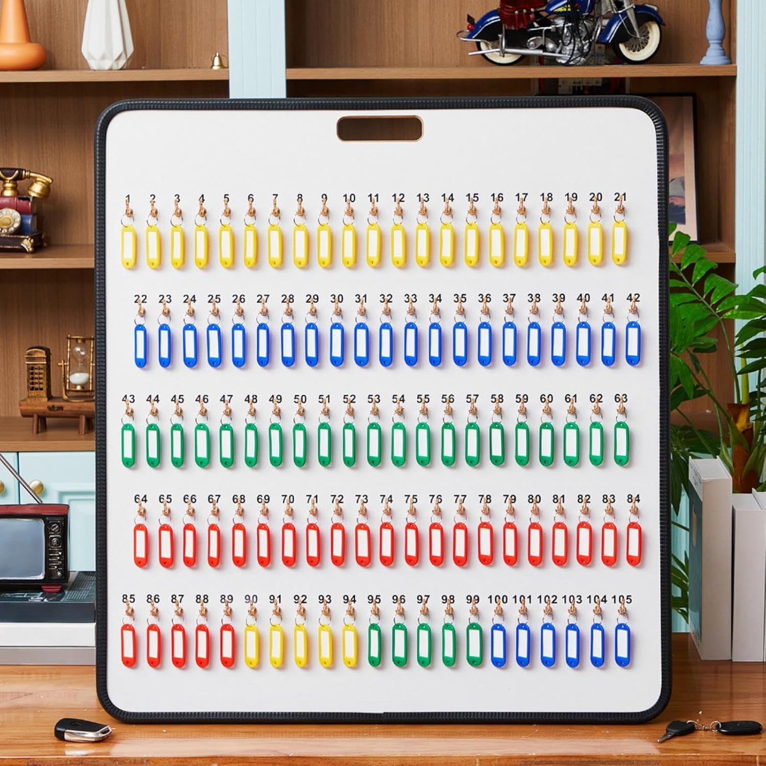 Key Hook Board Rack with 120 Pcs Plastic Tags Set 31.9 x 29.5 Inch Key Holder Wall Mount Organizer with 105 Hooks Self Closing Tabs Colored Labels for Car Hotels Office House Storage