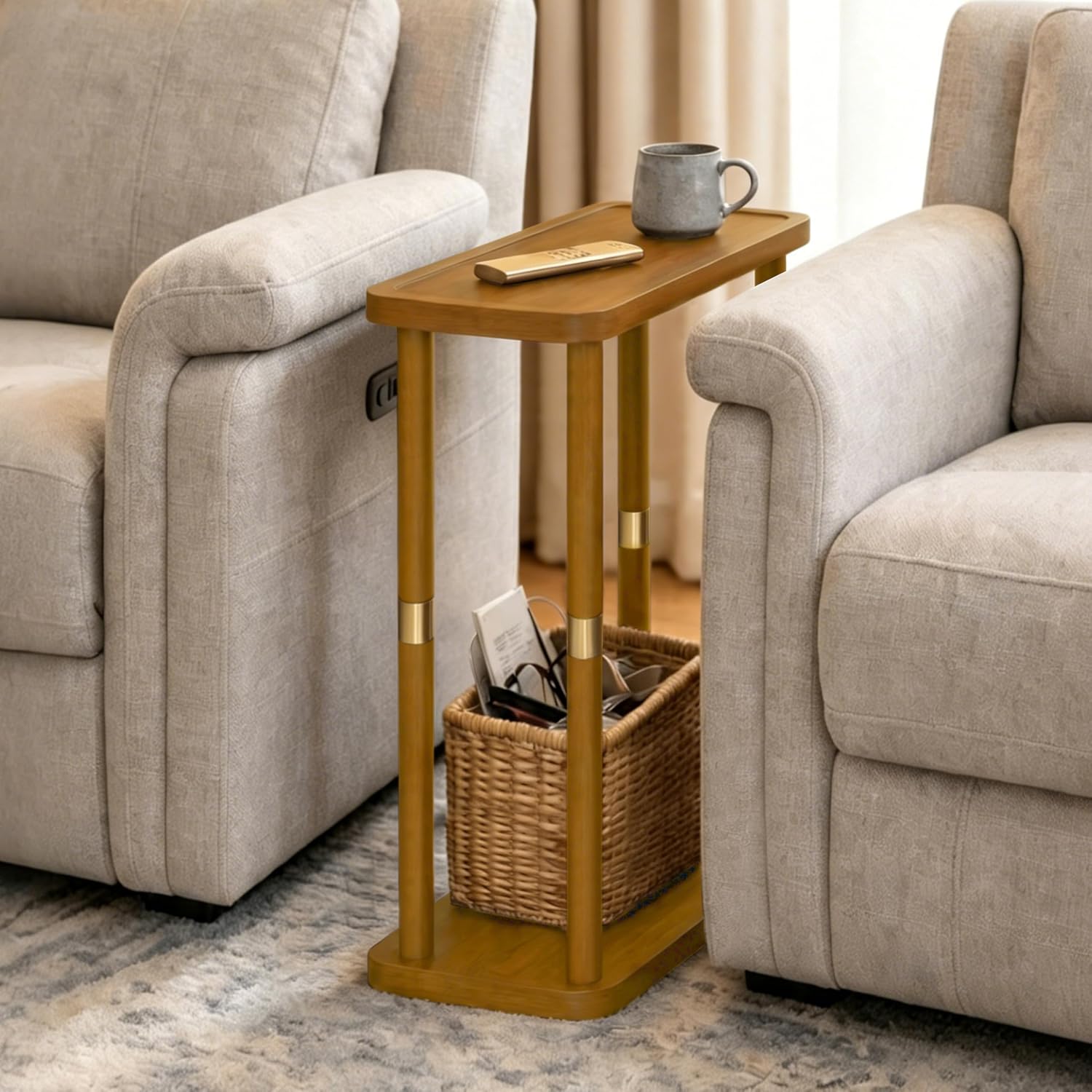 Solid Wood Narrow Side Table, 7.5-Inch Slim End Table for Small Spaces, Skinny Nightstand & Sofa Table with Storage Shelf for Living Room, Bedroom, Amber Brown