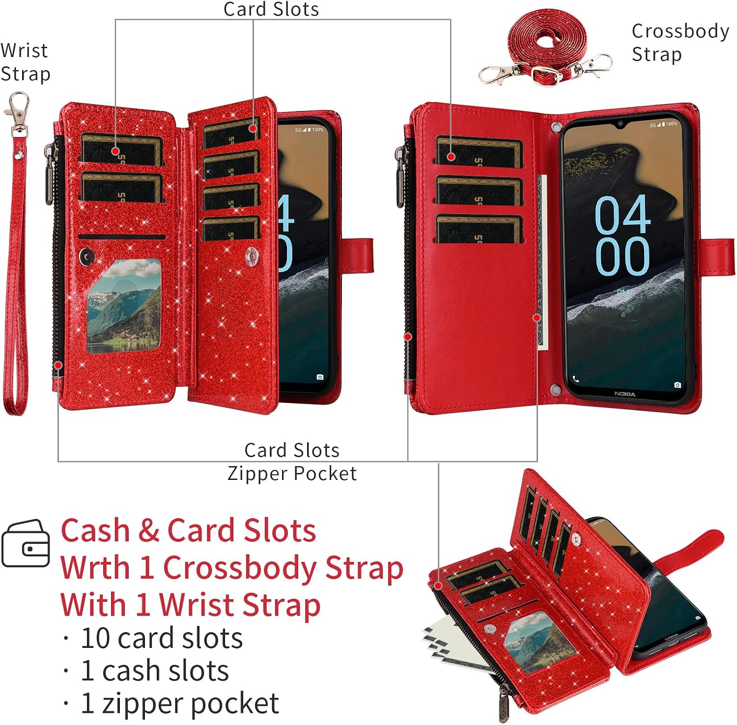 Asuwish Phone Case for Nokia G400 5G Wallet Accessories Stand Lanyard Slot Cell Cover with Tempered Glass Screen Protector Strap Bling Glitter Zipper Flip Credit Card Holder G 400 400G 2022 Women Red