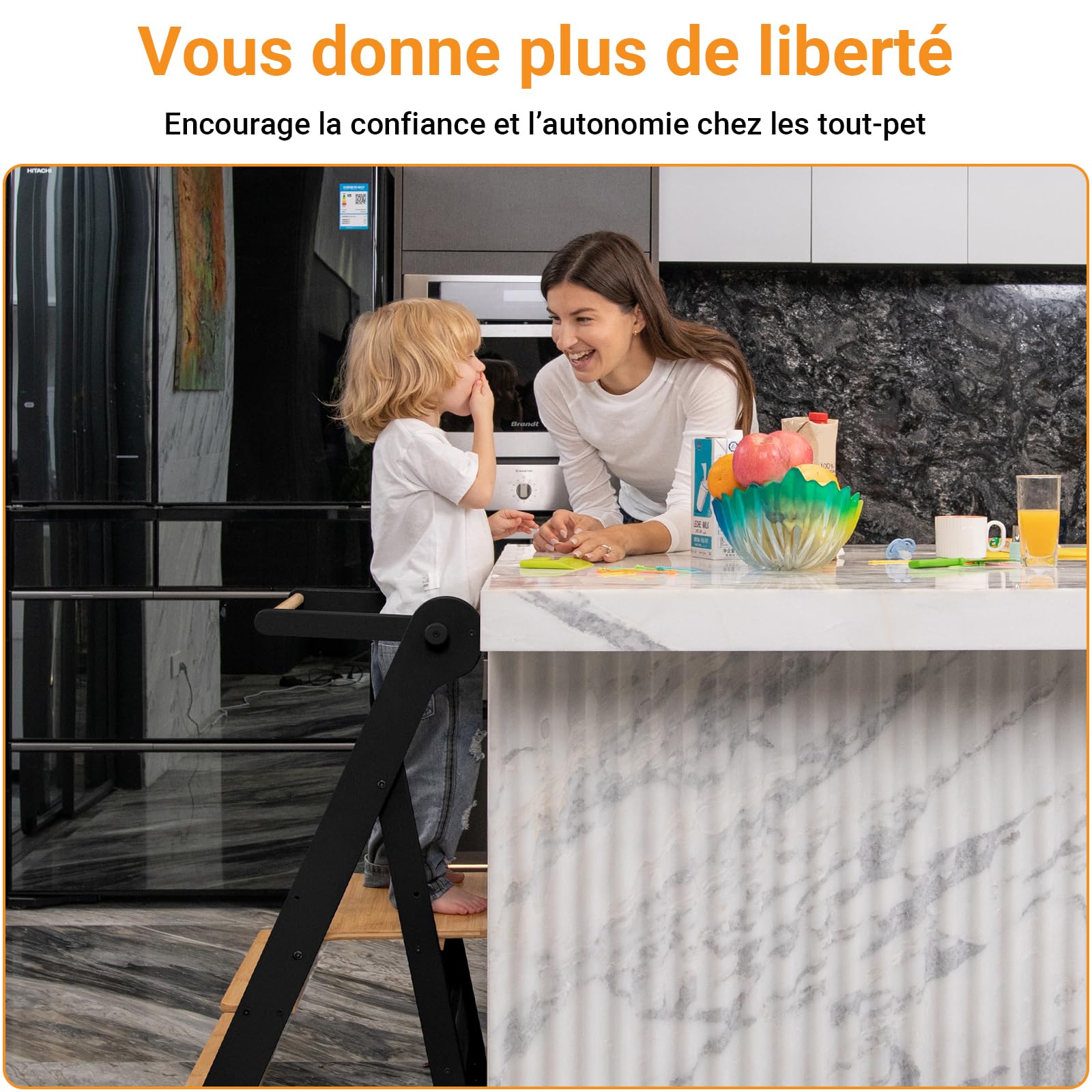 COSYLAND Tour D'observation Enfant Pliable Montessori 2 Hauteurs Réglables, Tour d'apprentissage Sécurisée avec Angles Anti-Bascule Chaise pour Enfants de 18 Mois À 6 Ans - Classic Black & Natural