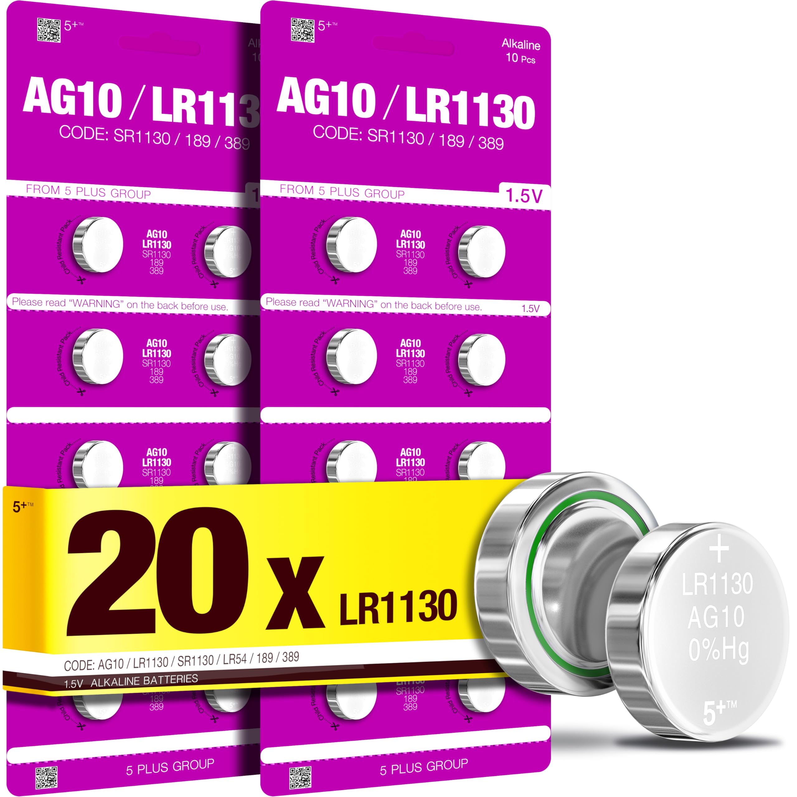 5Plus 20-Pack LR1130 AG10 SR1130 LR54 189 387 390 389 1.5V Alkaline Button Cell Batteries – for Watches, Hearing Aids, Glucometers, Key Fobs, Car Keys, and Small Electronics