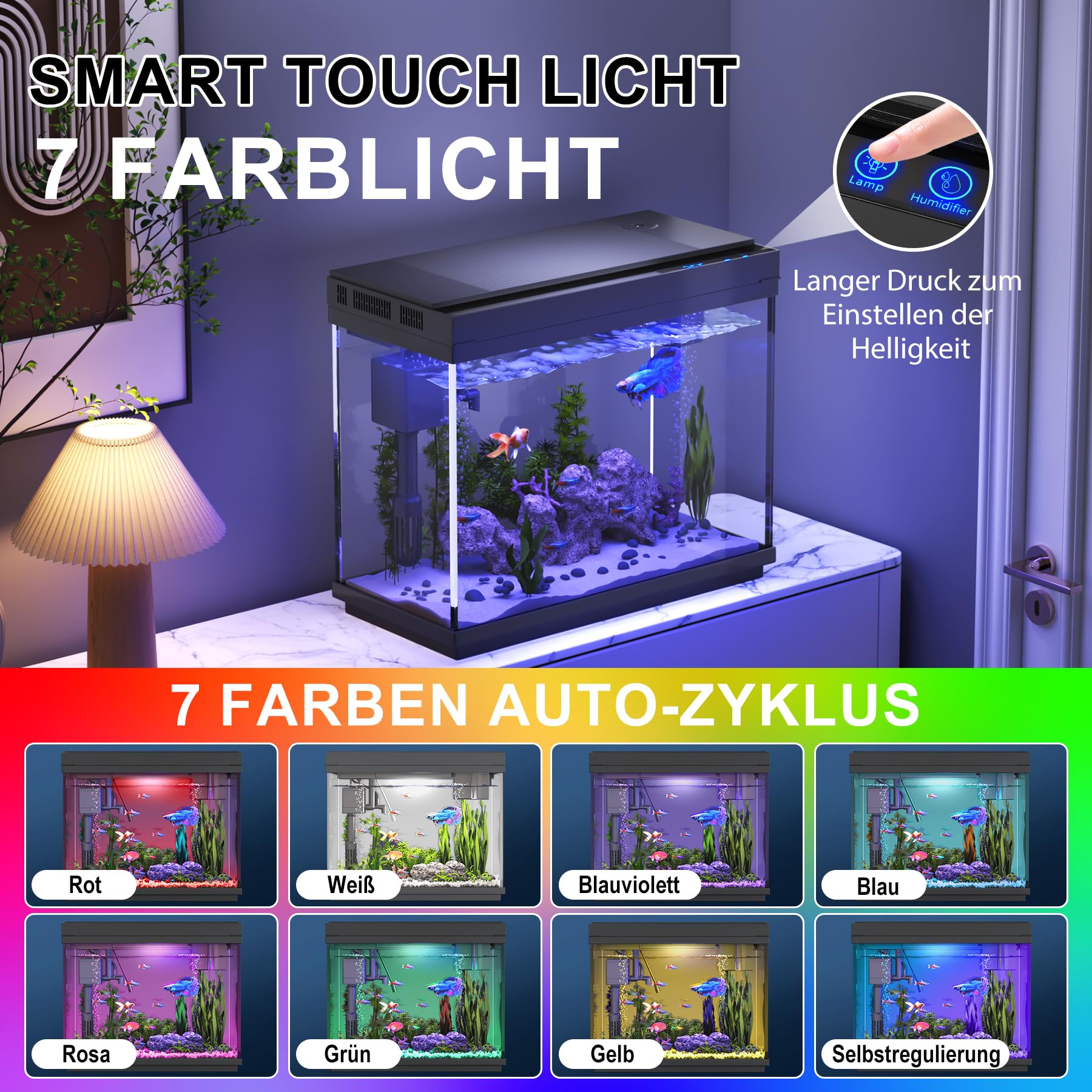 Vehipa Nano Aquarium 9L Klein mit intelligentem Luftbefeuchter, Temperaturanzeige, UHD-Glas, 7-Farben-Beleuchtung, 3-in-1 Leise Pumpe