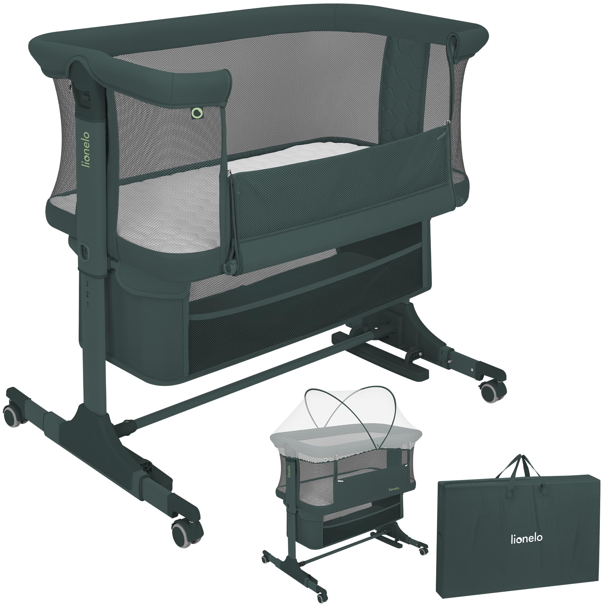 lionelo Jodie Cuna 3 en 1 hasta 9 kg, Cuna de colecho, Cama Mecedora, Ajuste de Altura e inclinación del colchón, 4 Ruedas con Freno, Colchón Ergonómico, Malla Transpirable, Bolsa, Mosquitera