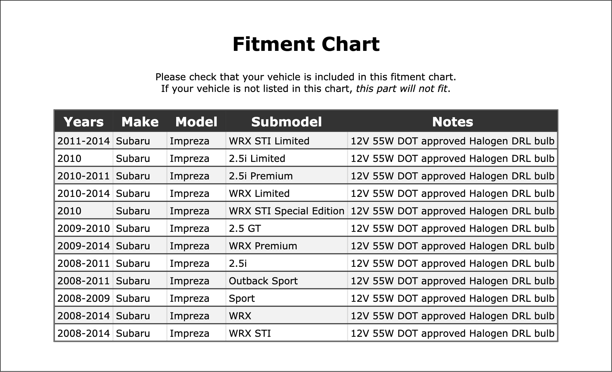 Front Daytime Running Light Bulb Compatible With Subaru Impreza 2014 2013 2012 2011 2010 2009 2008 P-1699386