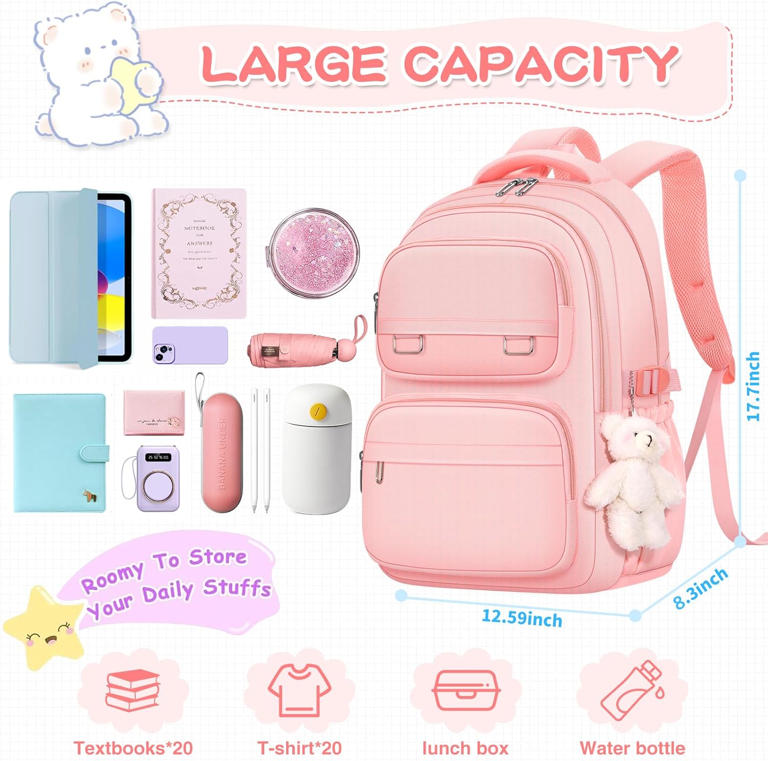 School Backpack for Kids Girls Cute Travel Backapck for College Women Men Casual Laptop Bookbag for Teen Student(Pink) - Image 3