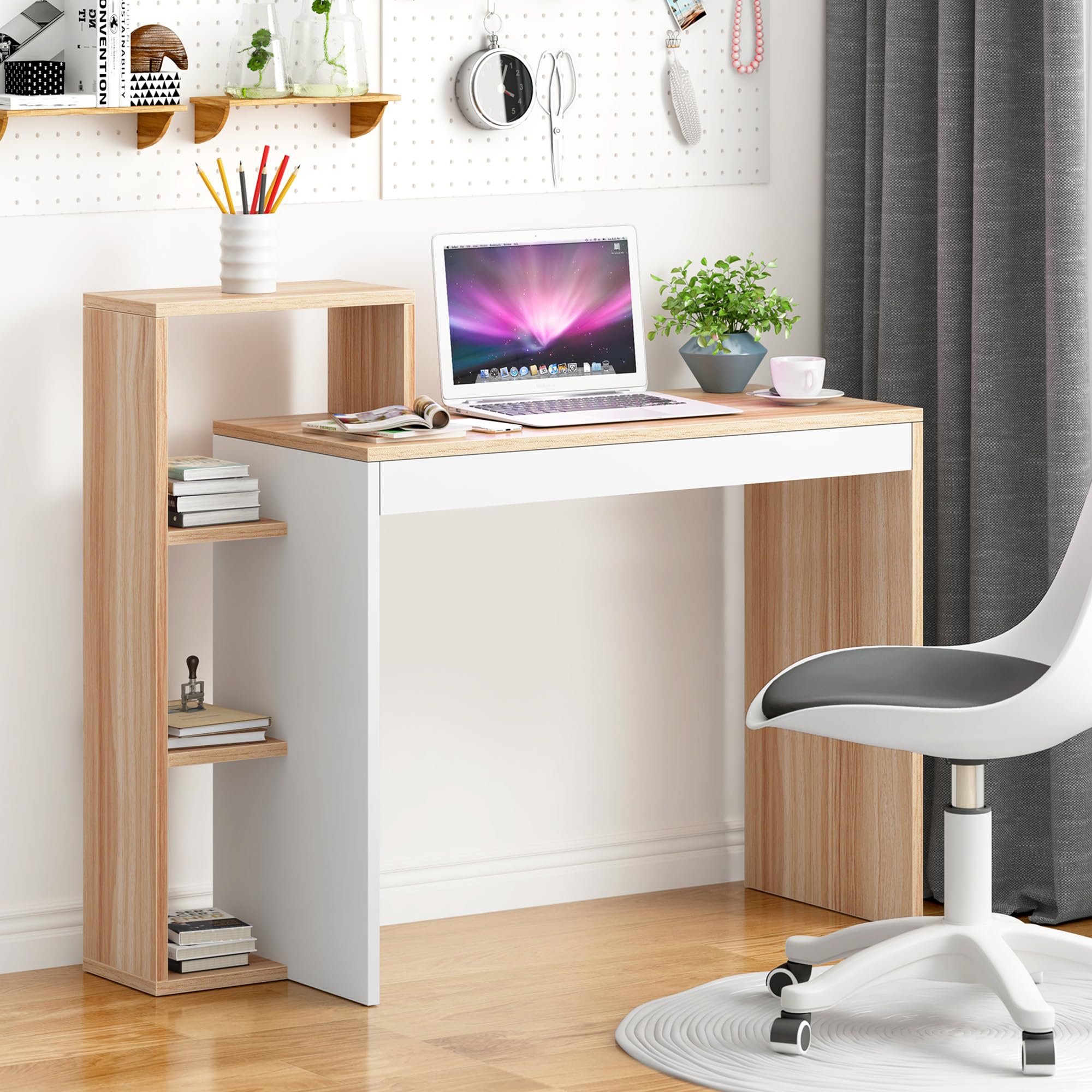 soges Escritorio para Computadora con Estantería, Mesas para Ordenador, Escritorio de Escritorio de Estudio, Escritorio de Estación de Trabajo con Estante de Almacenamiento