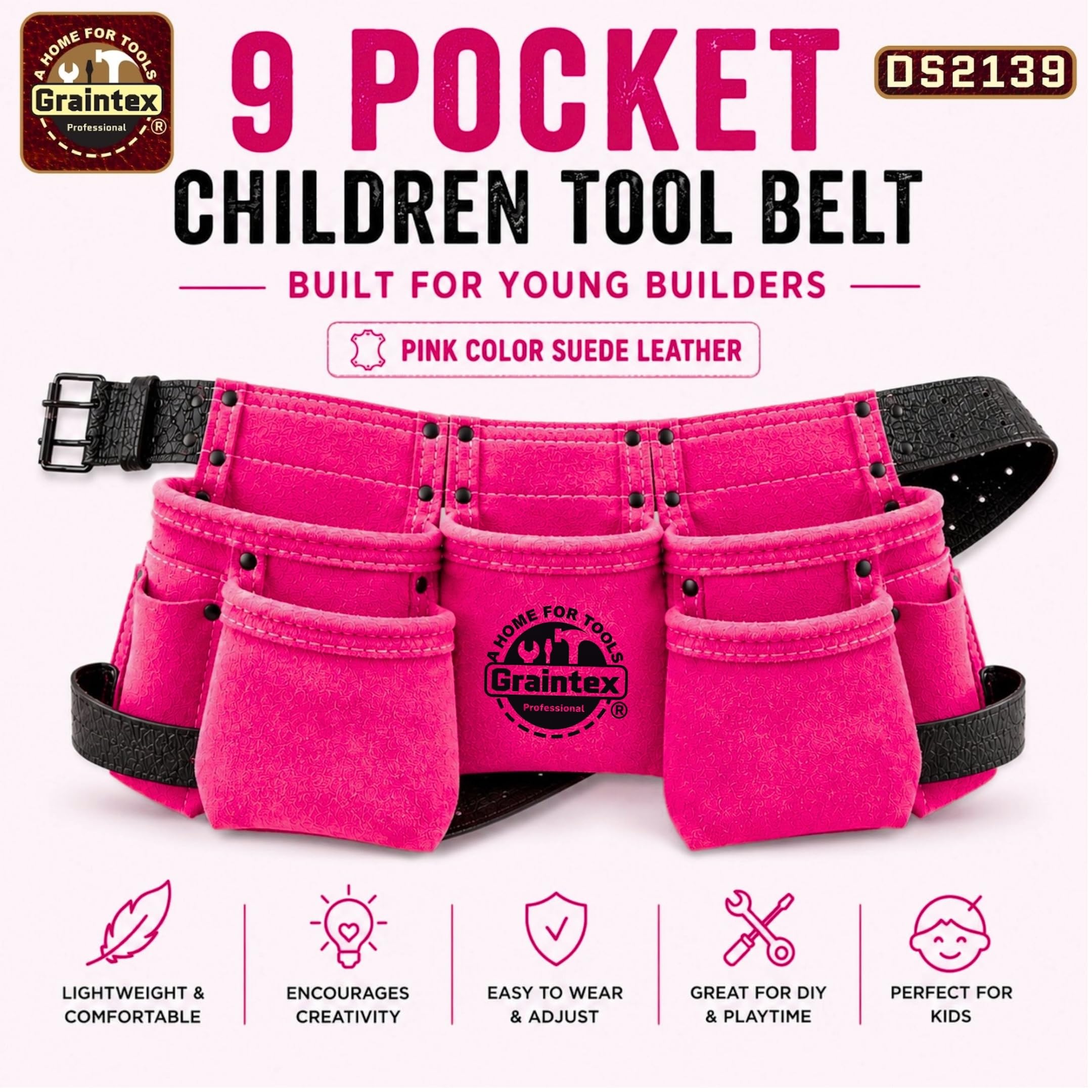 Graintex DS2139 : 9 Pocket Children Tool Belt Pink Color Suede
