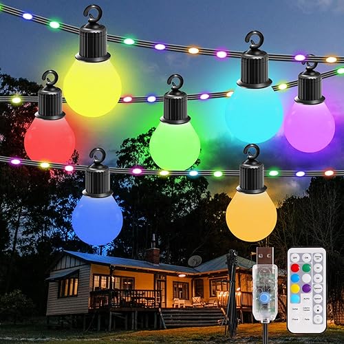 Tira de luces para exteriores de 41 pies, 20 bombillas regulables + 80 cuentas LED, luces RGB para patio con control remoto, IP65, impermeable,