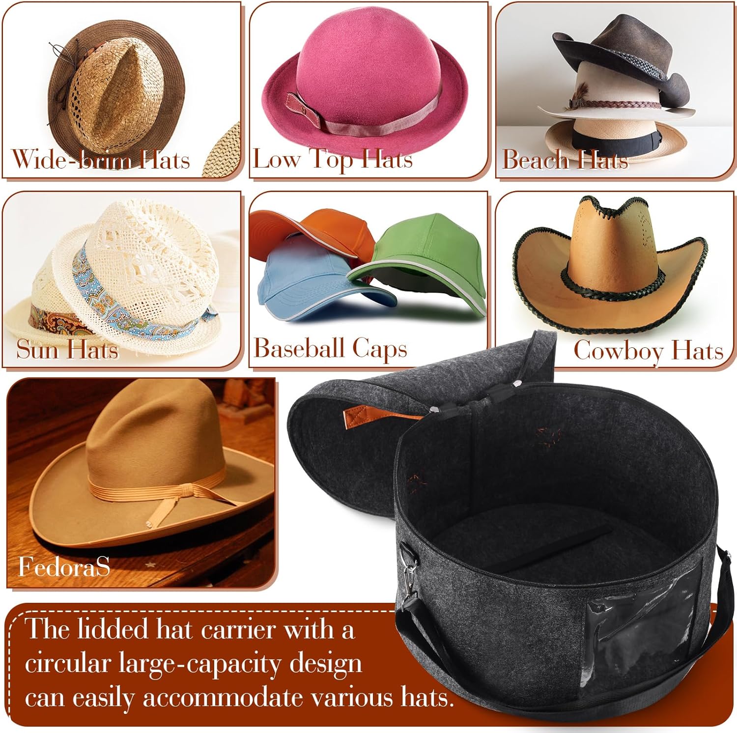 Suzile 4 Pack Large Round Foldable Hat Box for Women Storage Holds up to 6-10 Hats Cowboy Hat Box with Lid Handles Closet Cowboy Case Organizer Clothes Case for Travel Gift(Dark Gray,Felt)