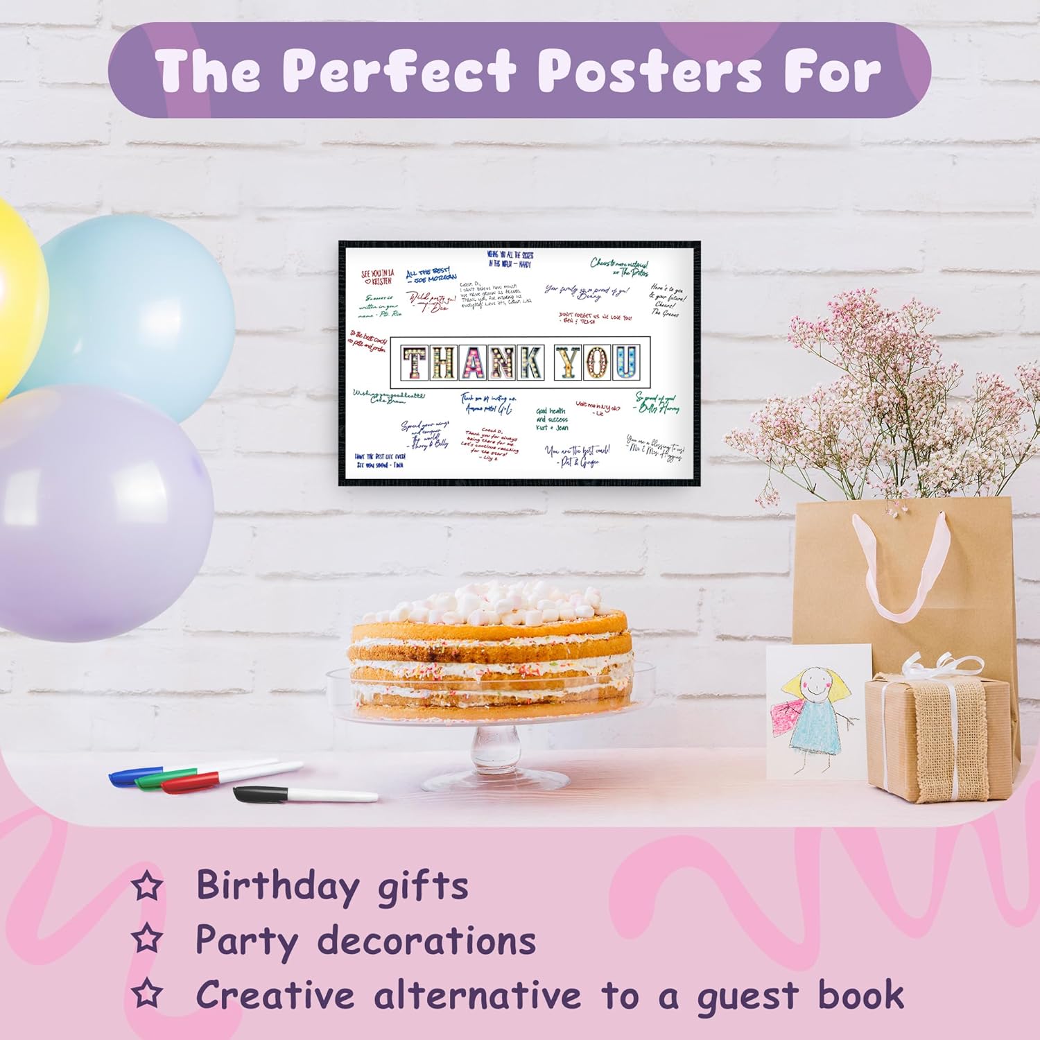 L&O Goods Thank You | Large Signature Board Wall Decor | Guest Book Alternative for Birthday, Anniversary, Company Party | Wall Art Poster Gift | 11x17 Inch with Frame and Markers