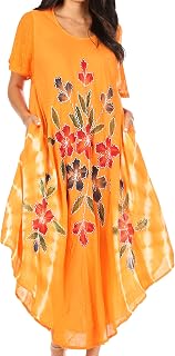 Embroidered Painted Floral Cap Sleeve Rayon Dress