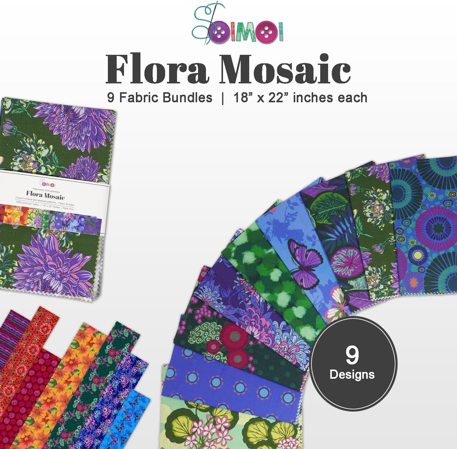 Soimoi 9Pcs 100% Cotton Quilting Fabric Bundles, 18" x 22" DIY Fabric Supplies Quilting Patchwork, Printed Fat Quarter for Sewing Project, Patchwork, DIY Crafts - Flora Mosaic