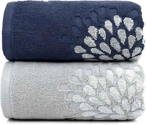 Paquete de 2 bonitas toallas de baño de hortensias con diseño floral jacquard, extra suaves y absorbentes, para ducha, gimnasio, piscina, azul