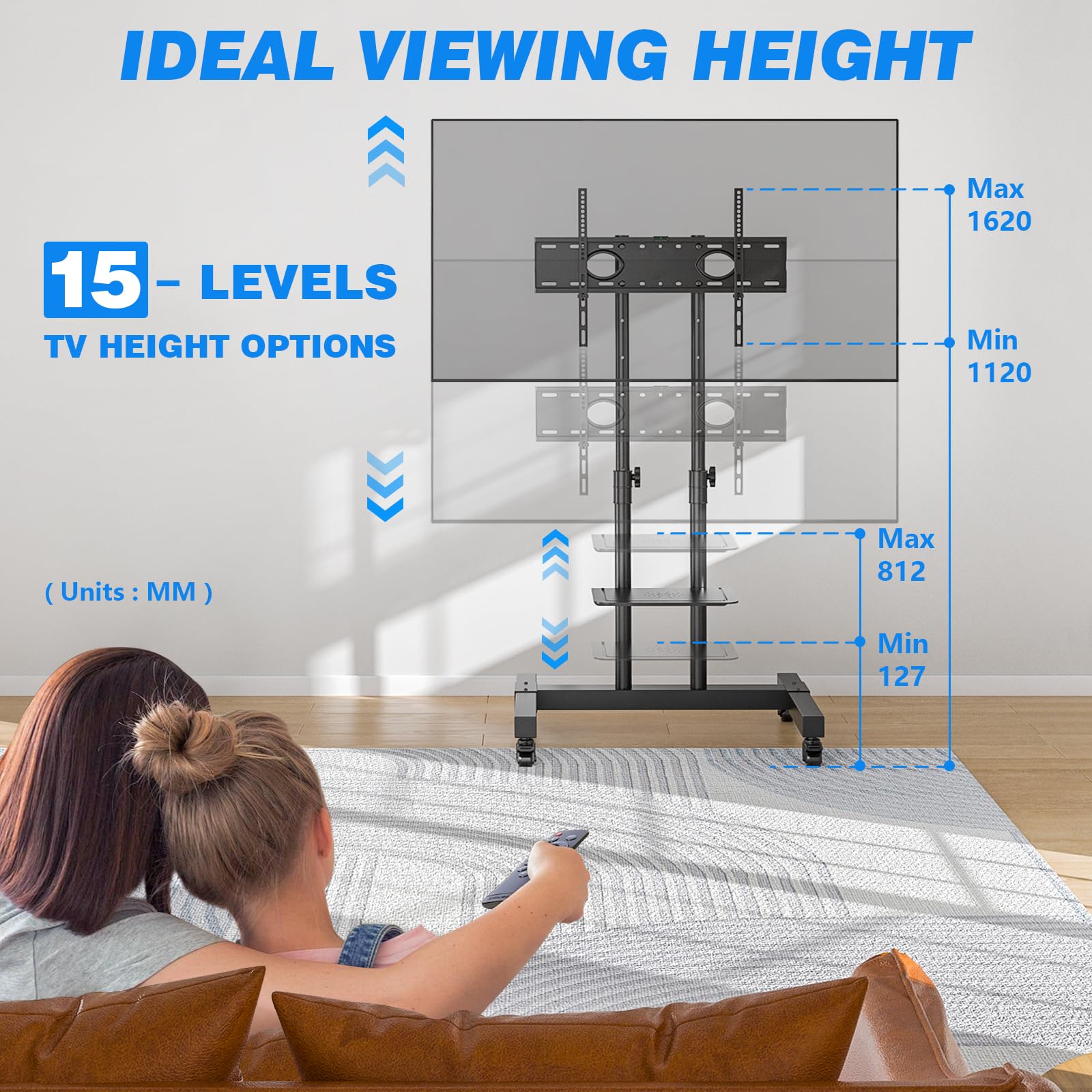 RFIVER TV Ständer Rollbar Fernsehständer, mit Rollen, Fernseher Wagen Staender Bodenstaender für 32 40 42 50 55 65 70 75 80 Zoll Hoehenverstellbar Schwarz | Max 50 KG Vesa 600x400 mm
