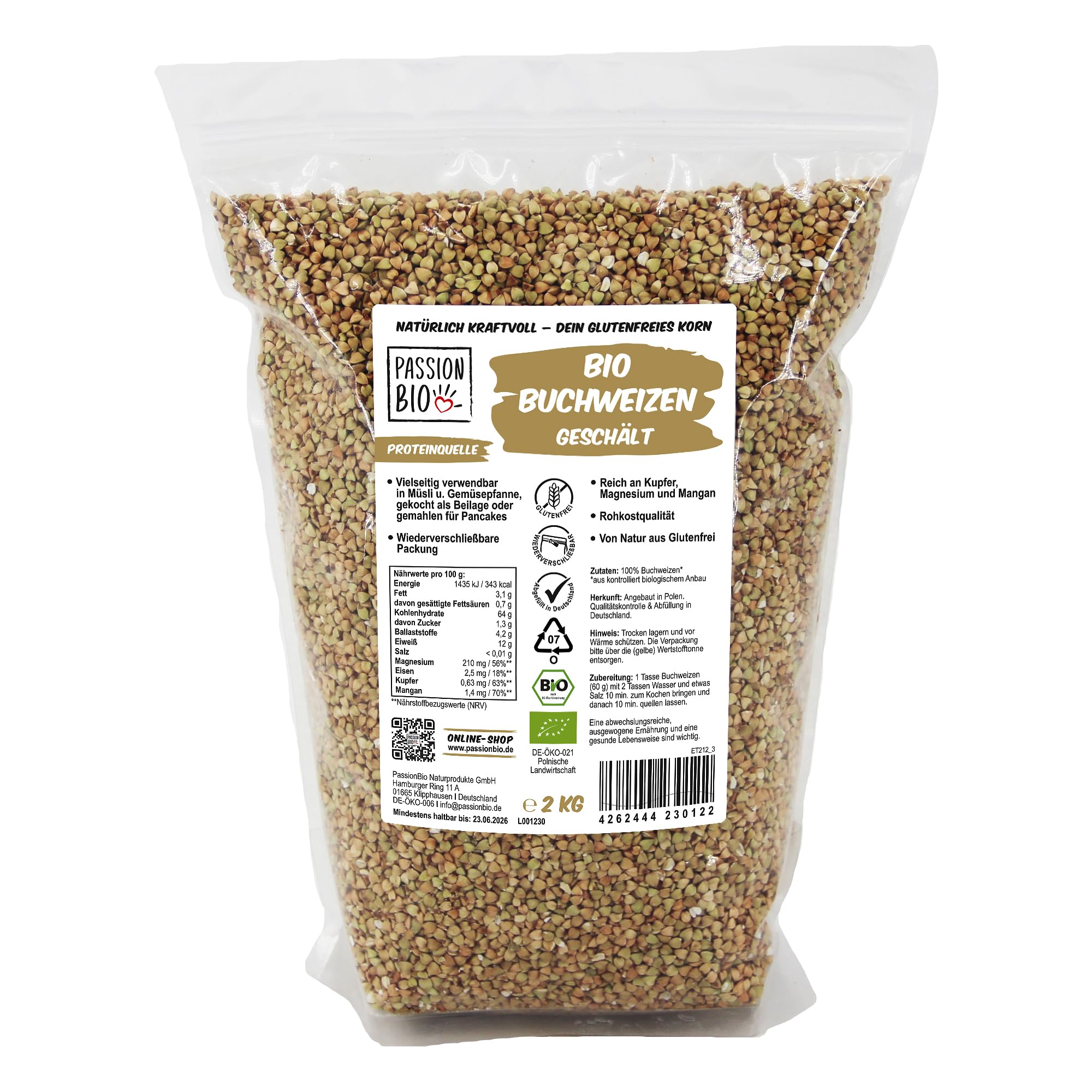 PassionBio Bio Buchweizen 2 KG - wiederverschließbare Verpackung - in Rohkostqualität
