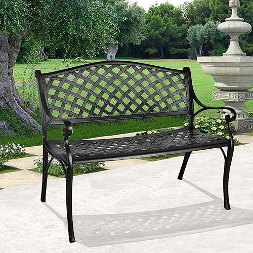 Grepatio Banco de jardín para patio al aire libre, sofá biplaza de aluminio fundido para todo tipo de clima, muebles de parque, patio, porche,