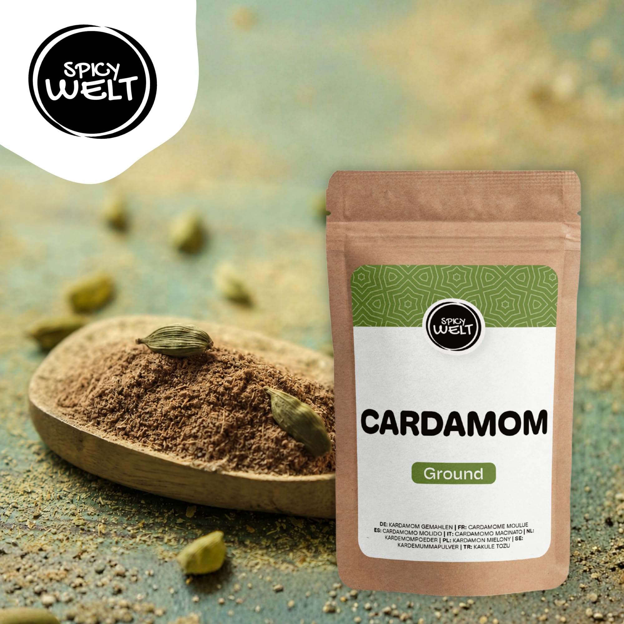 Spicy Welt Kardamon Mielony (250g) – Kardamon w Proszku do Kawy, Ciast Drożdżowych, Drożdżówek, Owsianki i Deserów | Egzotyczny Cytrusowy Aromat | 100% Naturalny, Bez Dodatków