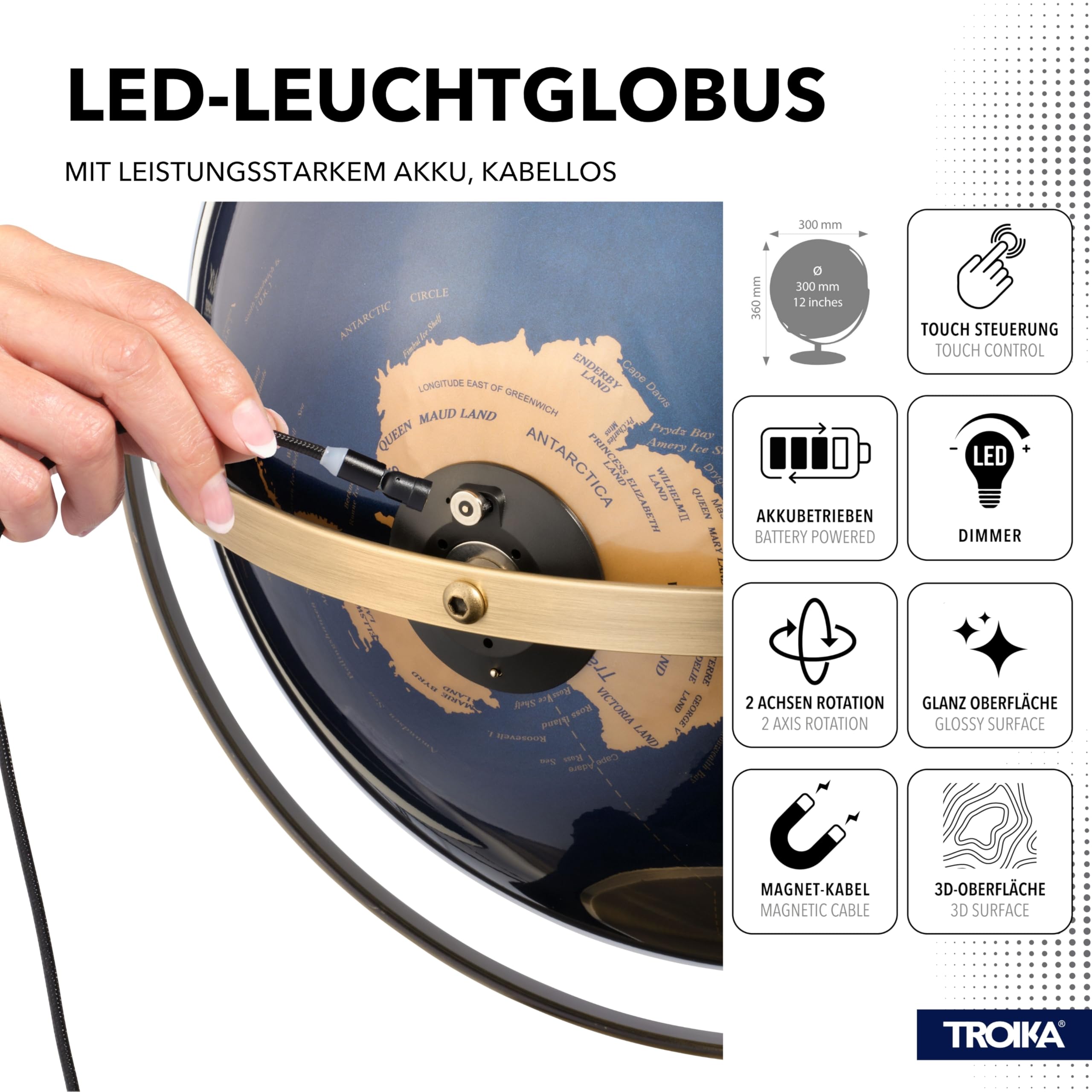 TROIKA Globus beleuchtet dimmbar 30cm JURI LIGHT FLEX Akku betrieben Magnet-USB-C-Kabel Ladeanzeige mit 2 beweglichen Achsen und Kartenrelief auf gebürstetem Metallfuß in bronzefarben, dunkelblau