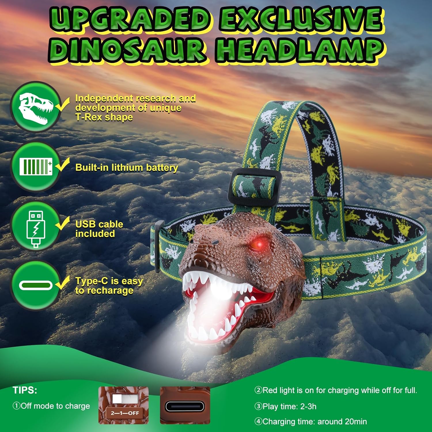 Dinosaur Headlamp for Kids Flashlight 2 Pack, Rechargeable Led Headlights Roar & Silent Mode, T-Rex Dinosaur Toys 3-5 4-6 5-7 6-8, Camping Gear, Easter Gifts for Boys Girls Adults