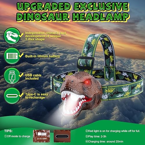 Miniatura 6 de Linterna Frontal de Dinosaurio para Niños, Linterna LED Recargable con Modo Rugido y Silencioso, Juguetes de Dinosaurio T-Rex para Niños de 3-5,