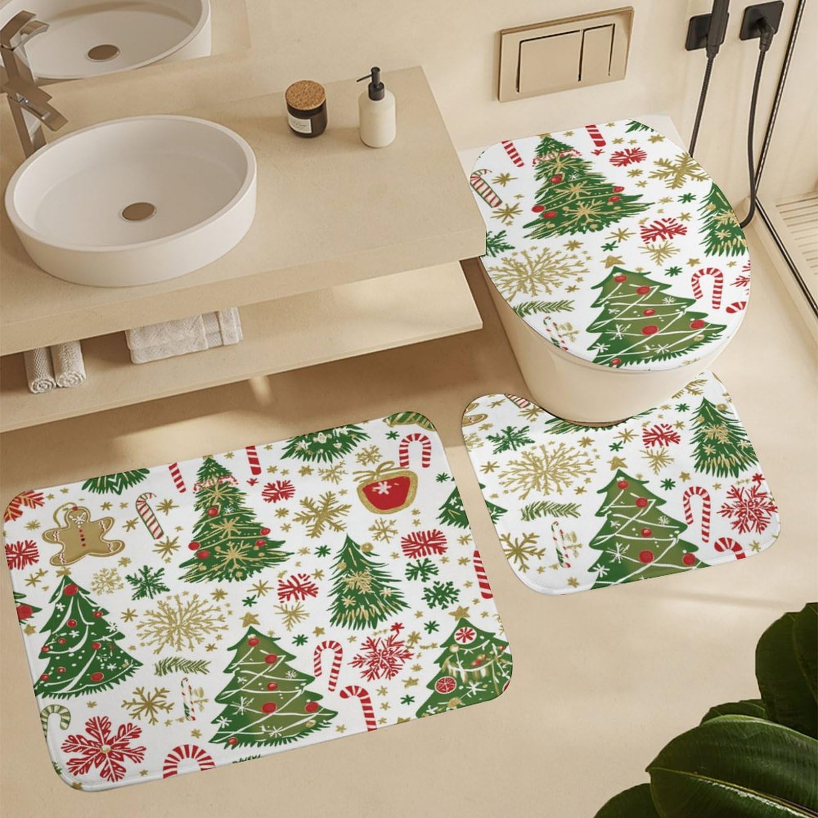 Feliz Navidad Baño de Cuatro Piezas Tappeto De Baño Absorbente Y Antideslizante, Ideal para Usar En Ducha Y Mantener El Suelo Seco 183×183cm