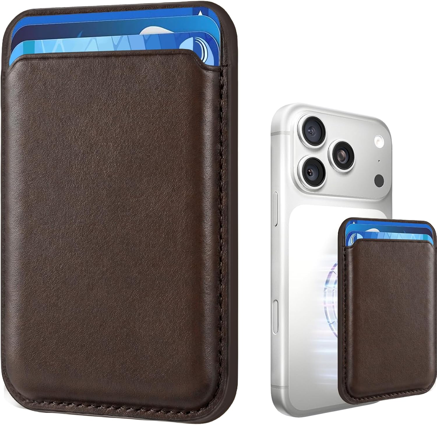 Magnetic Wallet Phone Card Holder for Phone Case with Mag-Safe, Stronger Magnetic RFID Leather Phone Wallet Stick on Series of iPhone 17/16/15/14/13/12 and Pro/Promax, Dark Brown