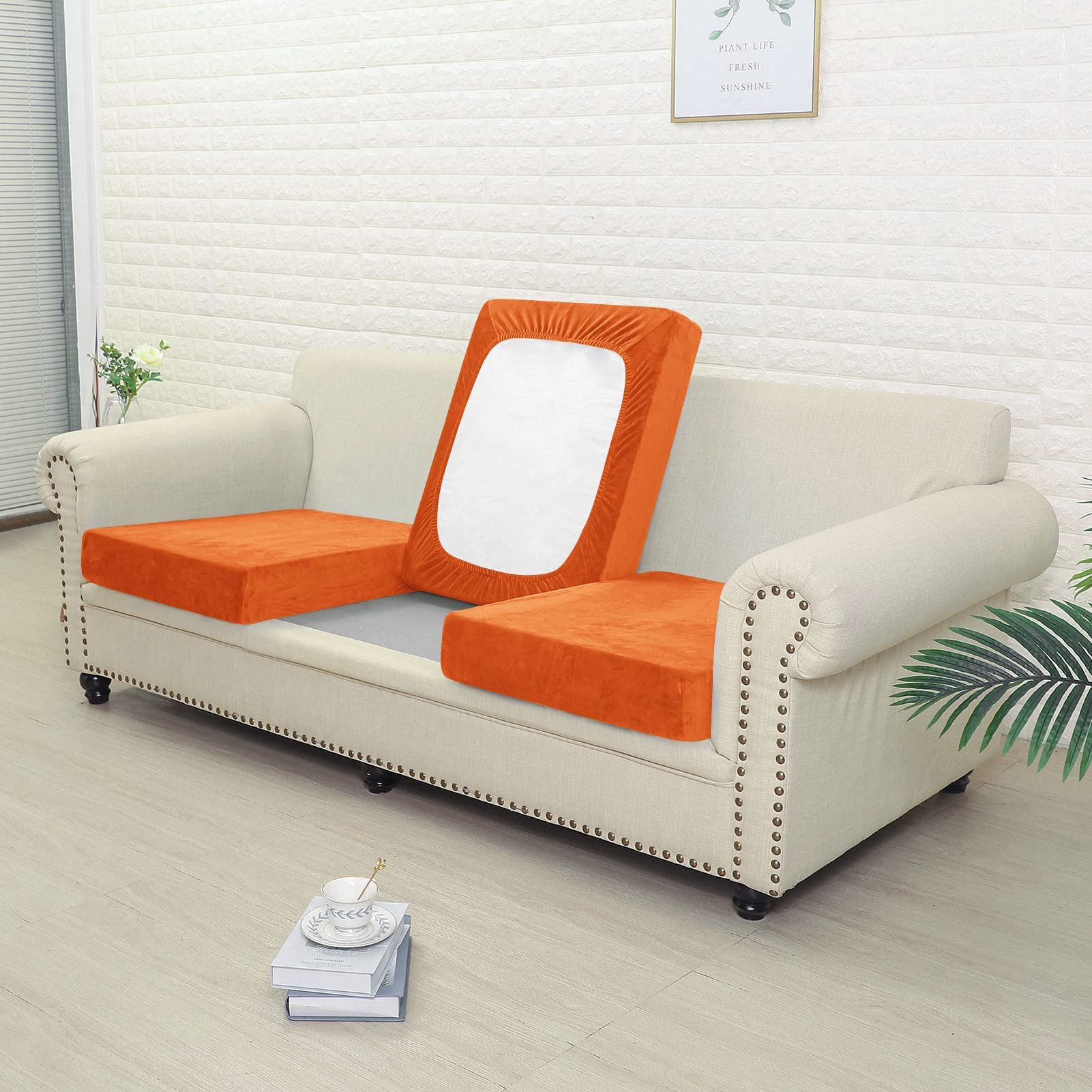Rosygulls Separate Velvet Sofa Cover,Couch Covers for 2 Cushion Couch,Super Stretch Wear-Resistant Sofa Slipcovers,Washable Furniture Protector with Anti-Slip Elastic Bottom(Orange,Triple Seat)
