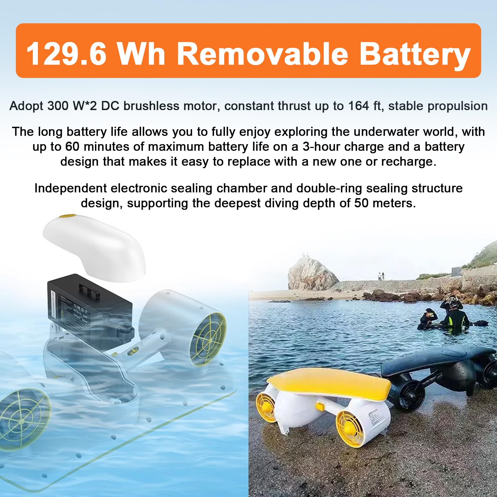 Scooters Submarinos Eléctricos, Scooter Submarino Portátil De 6000 mAh, con 2 Configuraciones De Velocidad, Autonomía De 30 A 60 Minutos, Profundidad Máxima De Buceo De 50 m