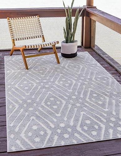 Unique Loom Sabrina Soto Outdoor Collection - Alfombra geométrica, moderna, vibrante y enrejada contemporánea, 5 x 8 pies, grismarfil