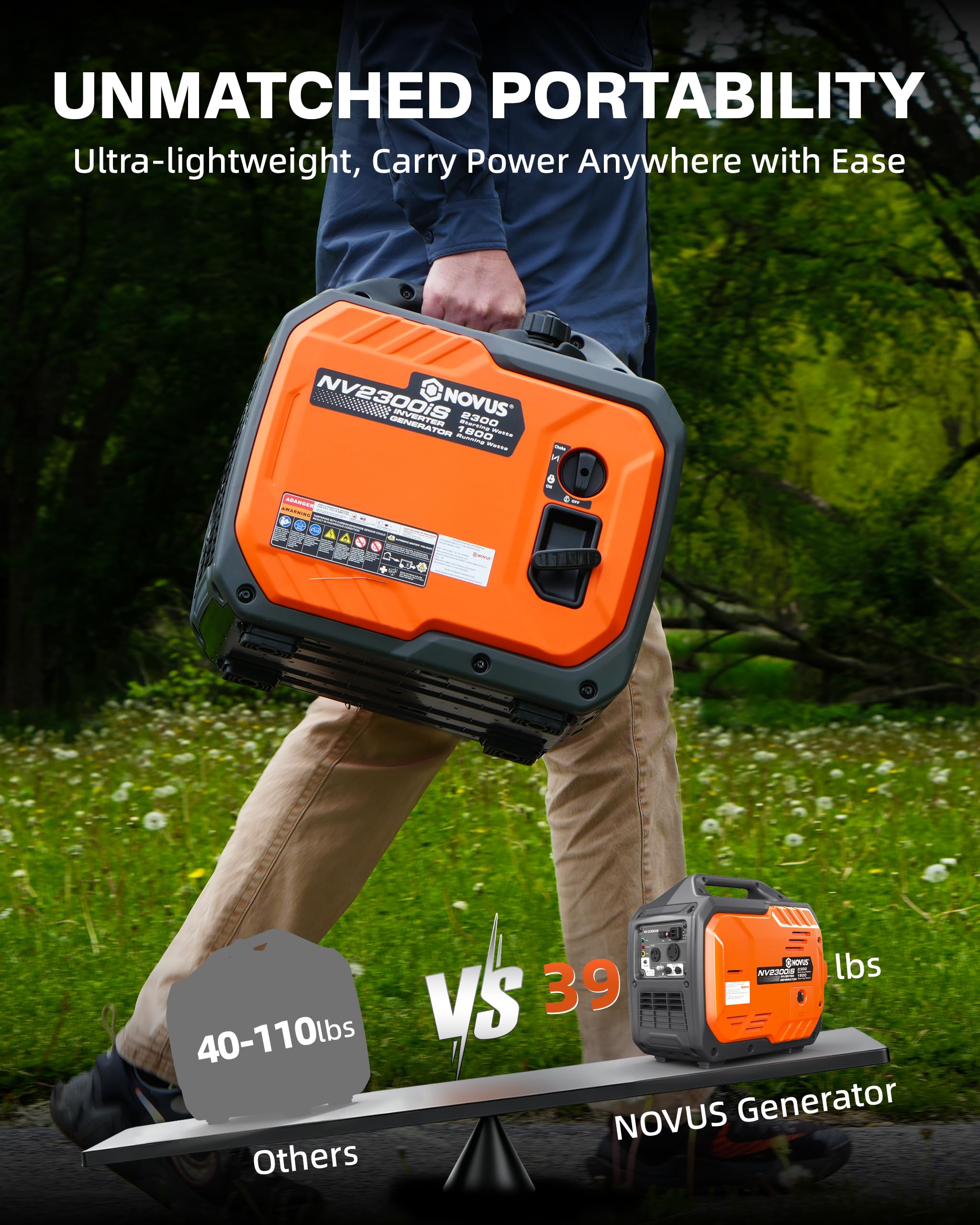 NOVUS - Generador Inversor Portátil Super Silencioso de 2300 Vatios, Sensor CO, Gasolina, Pequeño Generador para Campamento y Respaldo de Energía, Toma USB, Capacidad Paralela