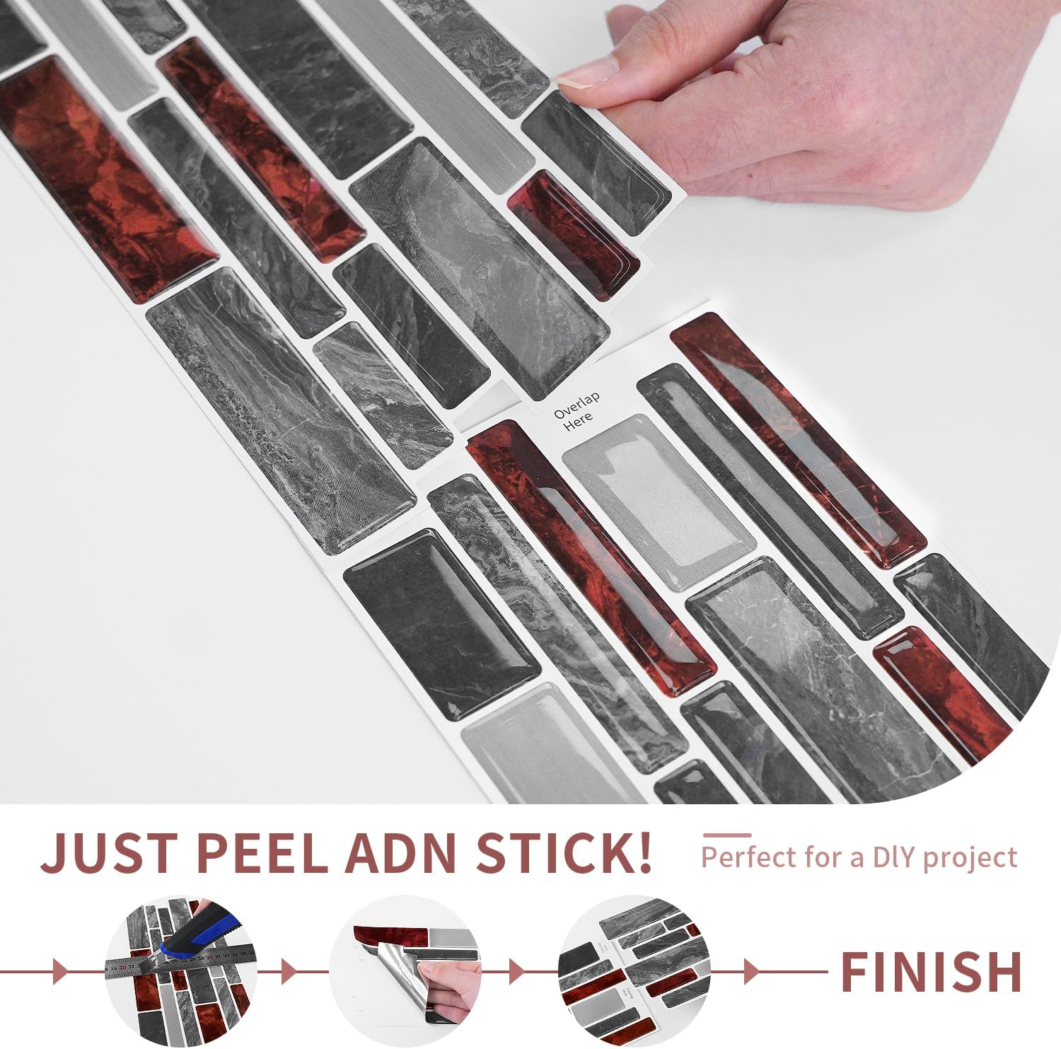 20pcs Peel and Stick Backsplash PU Wall Tile Stickers 3D Self-Adhesive Waterproof Removable for Kitchen Bathroom,9.68x4.72 inch Red White Gray