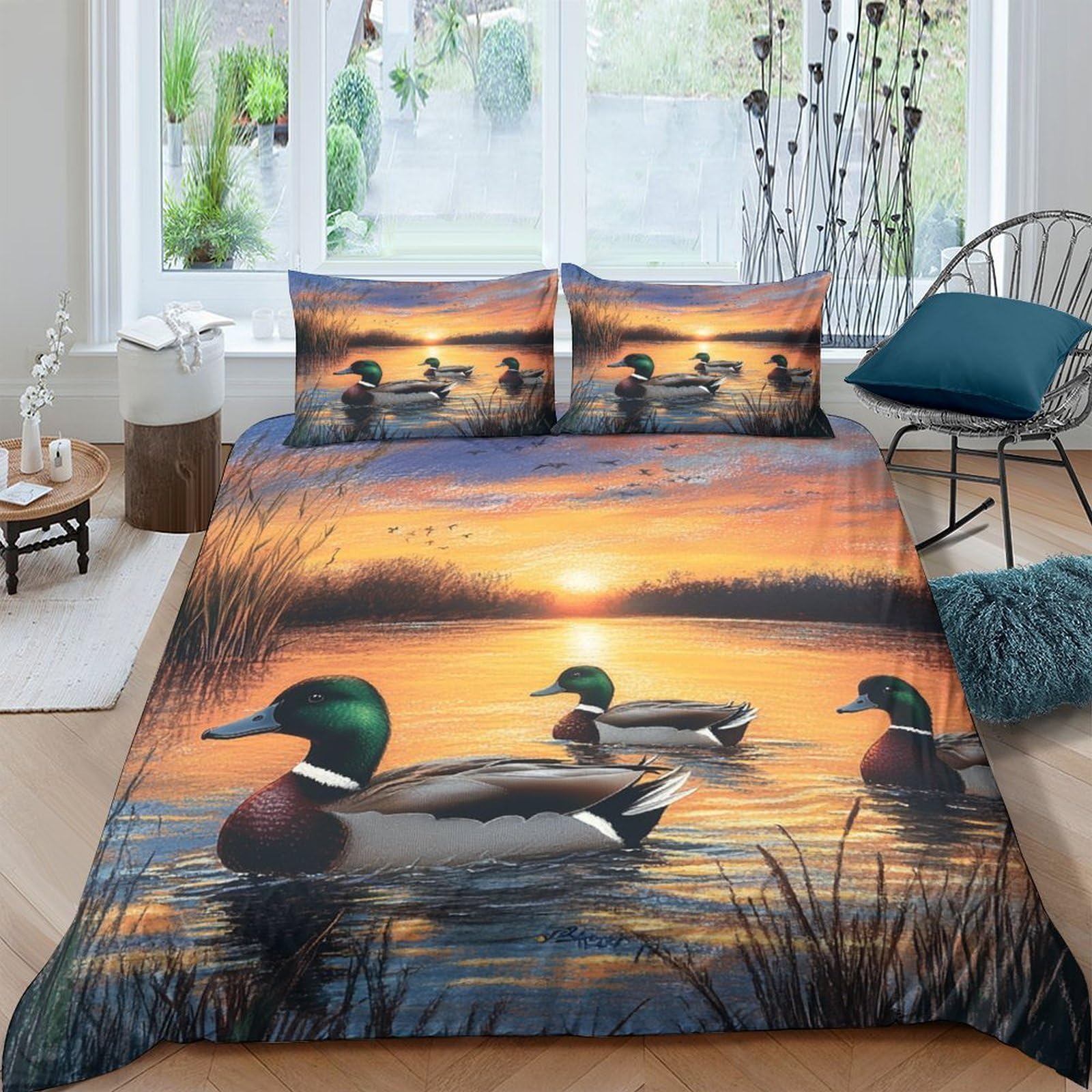 Ctjqhvkz Style-10 3D Printed Sunset Lake Fitted Sheet Microfiber Soft Breathable Duck Waterfowl Mattress Cover For Bedroom Home Decor Single（135X200cm）