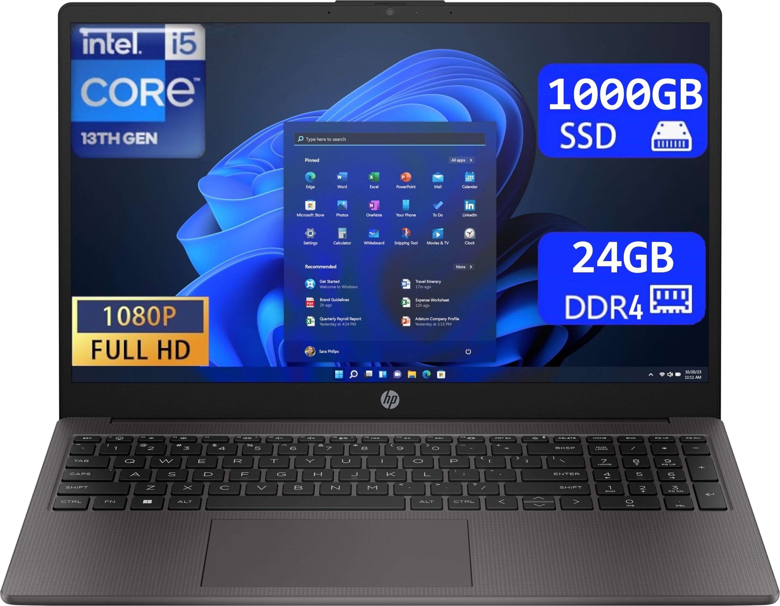 HP Notebook 250 G10, Display Laptop 15.6" Full HD, CPU Intel Core i5 13Th, 24GB Ram, 1TB (1000GB) NVMe SSD, Windows 11 Pro | Office 2021 Pro Plus | Portatile Pronto all'Uso |