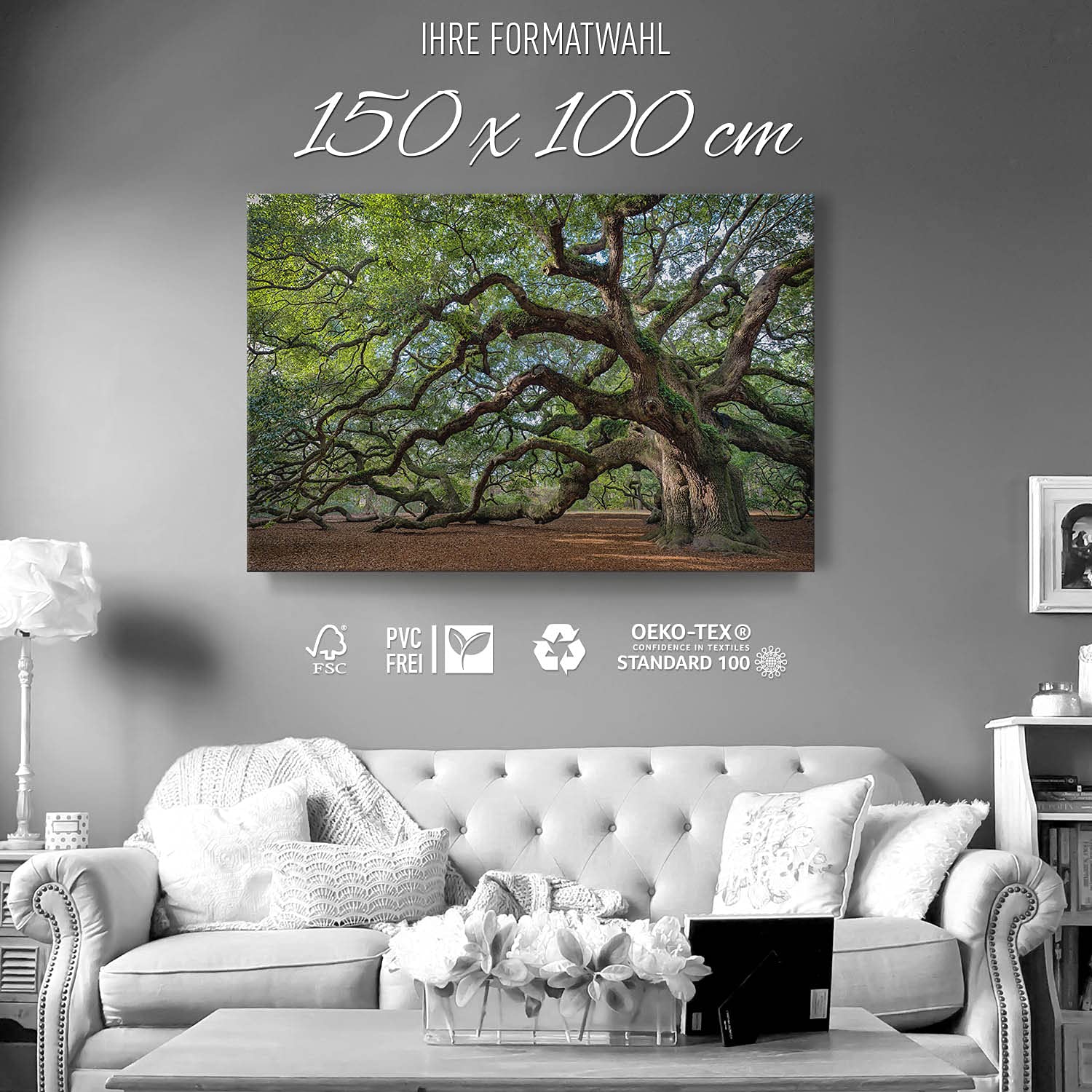 BilderKing Wandbild Baum Alte Eiche - 150cm x 100cm Leinwand auf 4cm Keilrahmen