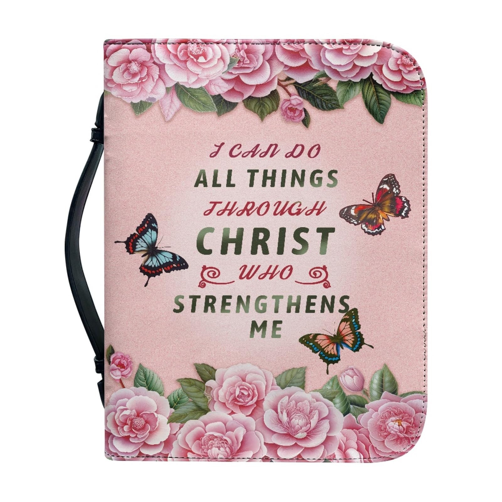 Dajingkj Bible Cover with Zip Large Leather Personalised Bible Bag Women Men Bag Bible Book Church Handbag Bags, Pink Flowers Colourful Butterflies, XX-Large