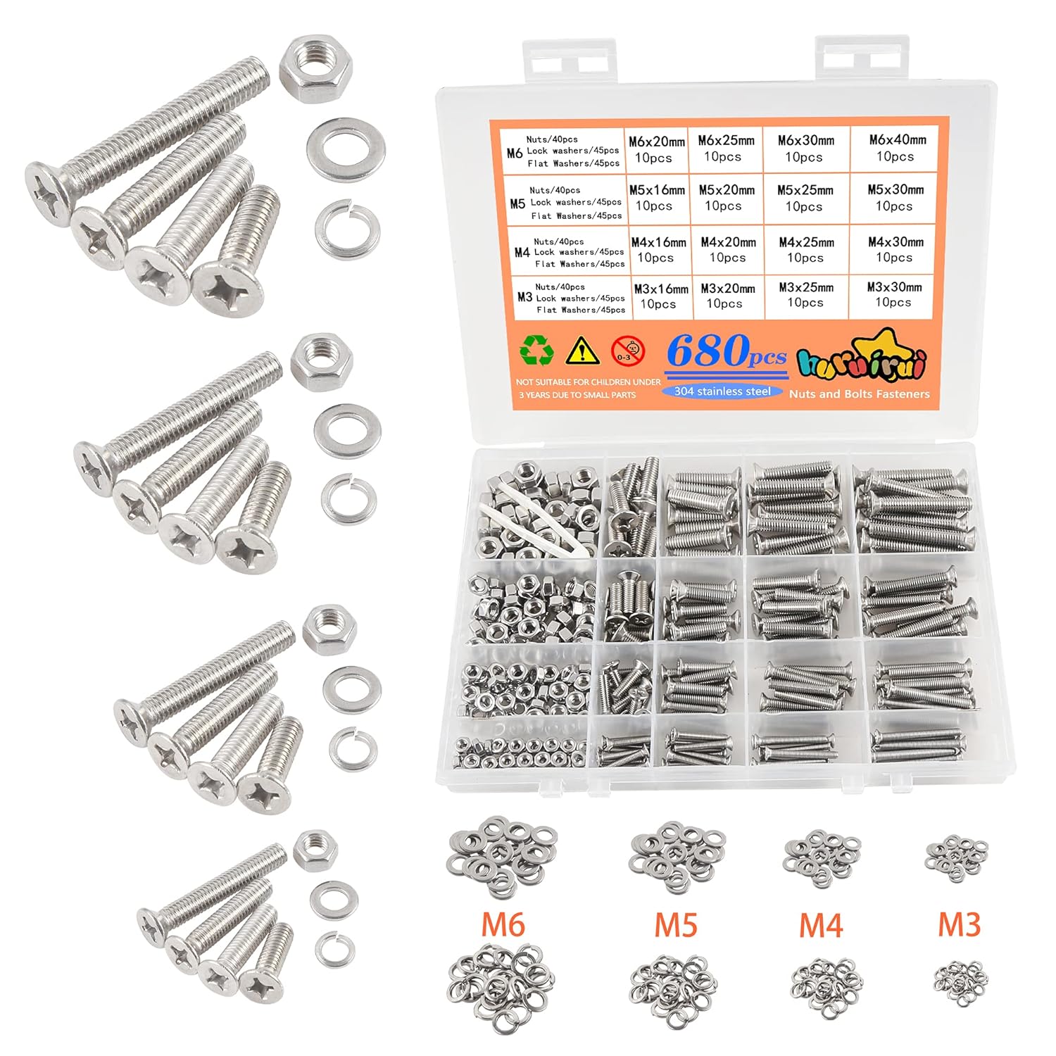 680pcs M3 M4 M5 M6 Juego de Tornillos y Tuercas Arandelas Acero Inoxidable 304 Tornillo Avellanado Cruzar Tornillo Mecanico de Cabeza Avellanada para Accesorio de Trabajar Madera de Fijación