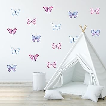Decalcomania Butterfly Wall Decals - Set of 16 Watercolor Butterflies Wall Stickers for Girls Bedroom Kitchen Bathroom Room Decor Removable Peel and Stick Indoor Decor