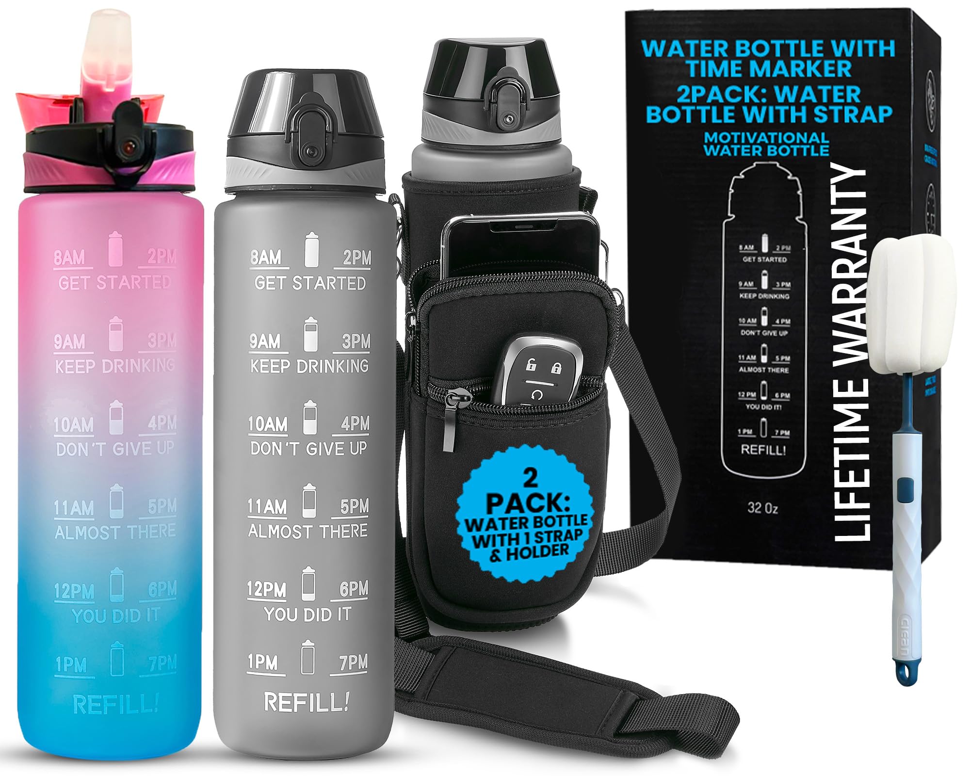 2 PACK: 32 Oz Water Bottle with Time Marker - Motivational Gym Water ...