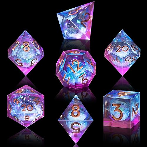 Miniatura 65 de AUSTOR Juego de dados DND de resina de núcleo líquido, de borde afilado, 7 troqueles, juego de dados DND de arena movediza hechos a mano