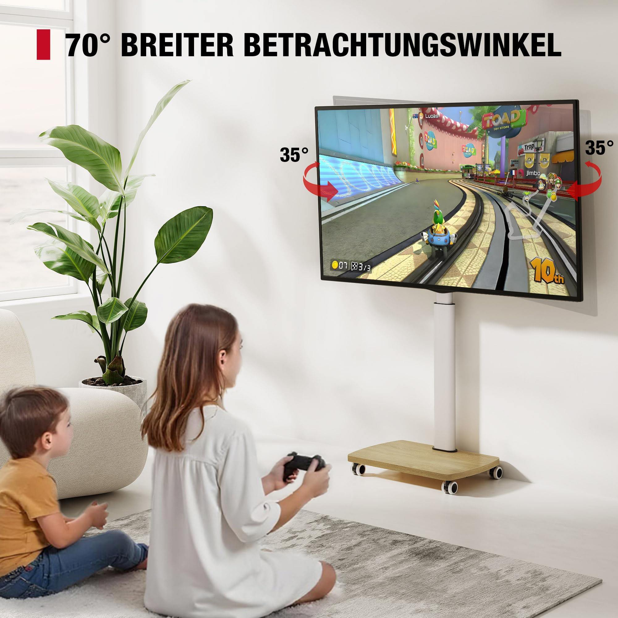 AOKCOS TV Ständer Rollbar mit Holzbasis, Fernsehständer Rotierbar für 19-42 Zoll Fernseher, TV Bodenständer mit Rollen Höhenverstellbar Schwenkbar, bis 20 kg Max. VESA 200x200mm (Weiß+Natur)