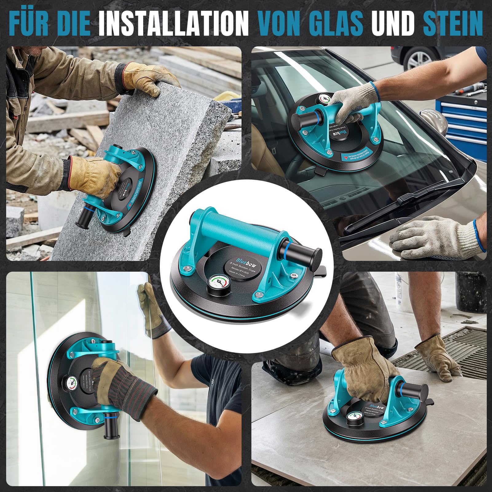 Saugheber Fliesen - 2er-Set Saugnapf mit Manometer, Vakuum Saugheber Max 200KG, Laminat Glasheber mit Tragbarer Werkzeugkasten, Saugheber für Fliesen,Glas, Marmor, Set of 2 Saugheber