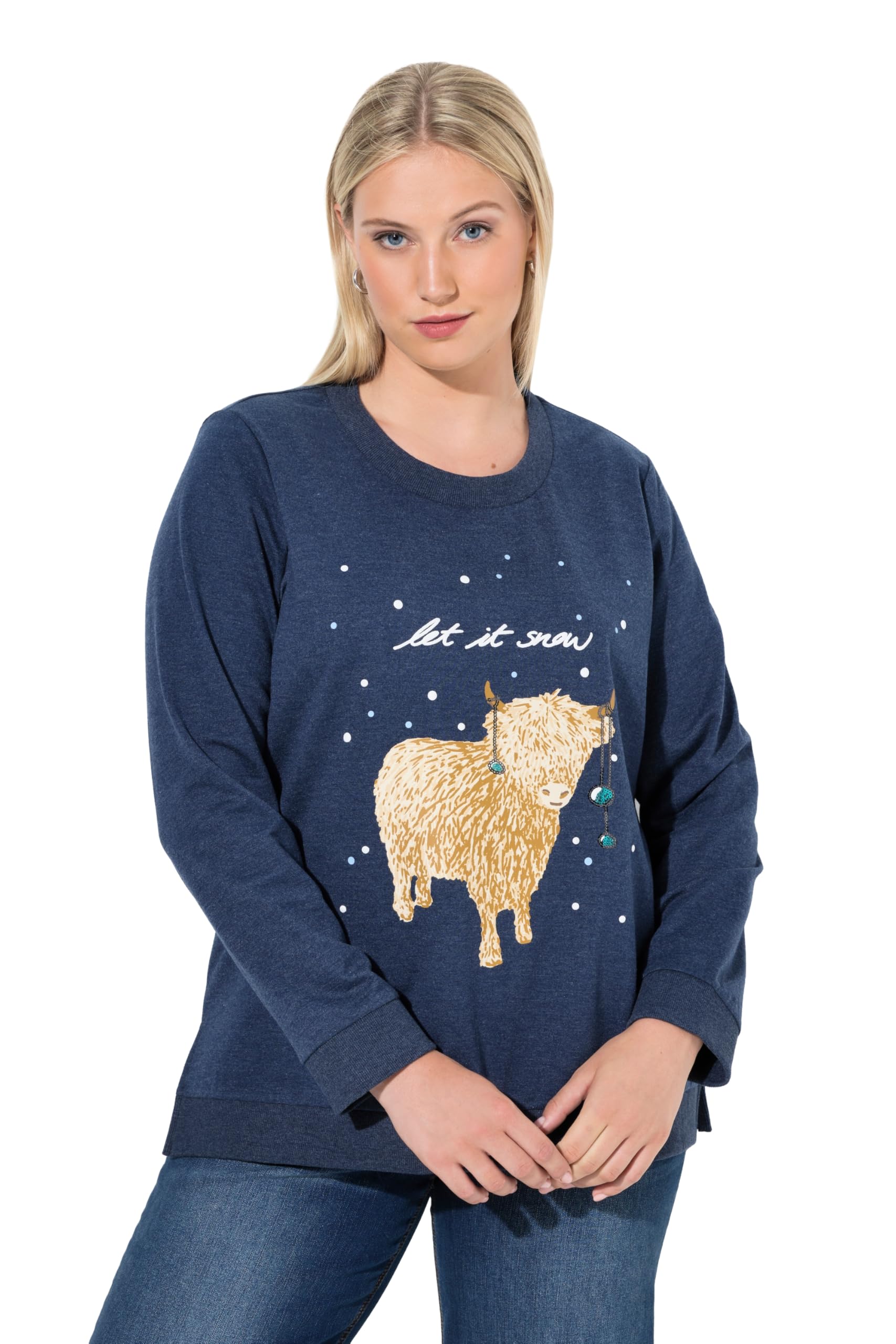 Ulla Popken Damen große Größen Übergrößen Plus Size Sweatshirt, Let it Snow, Pailletten, Rundhals, Langarm 845025