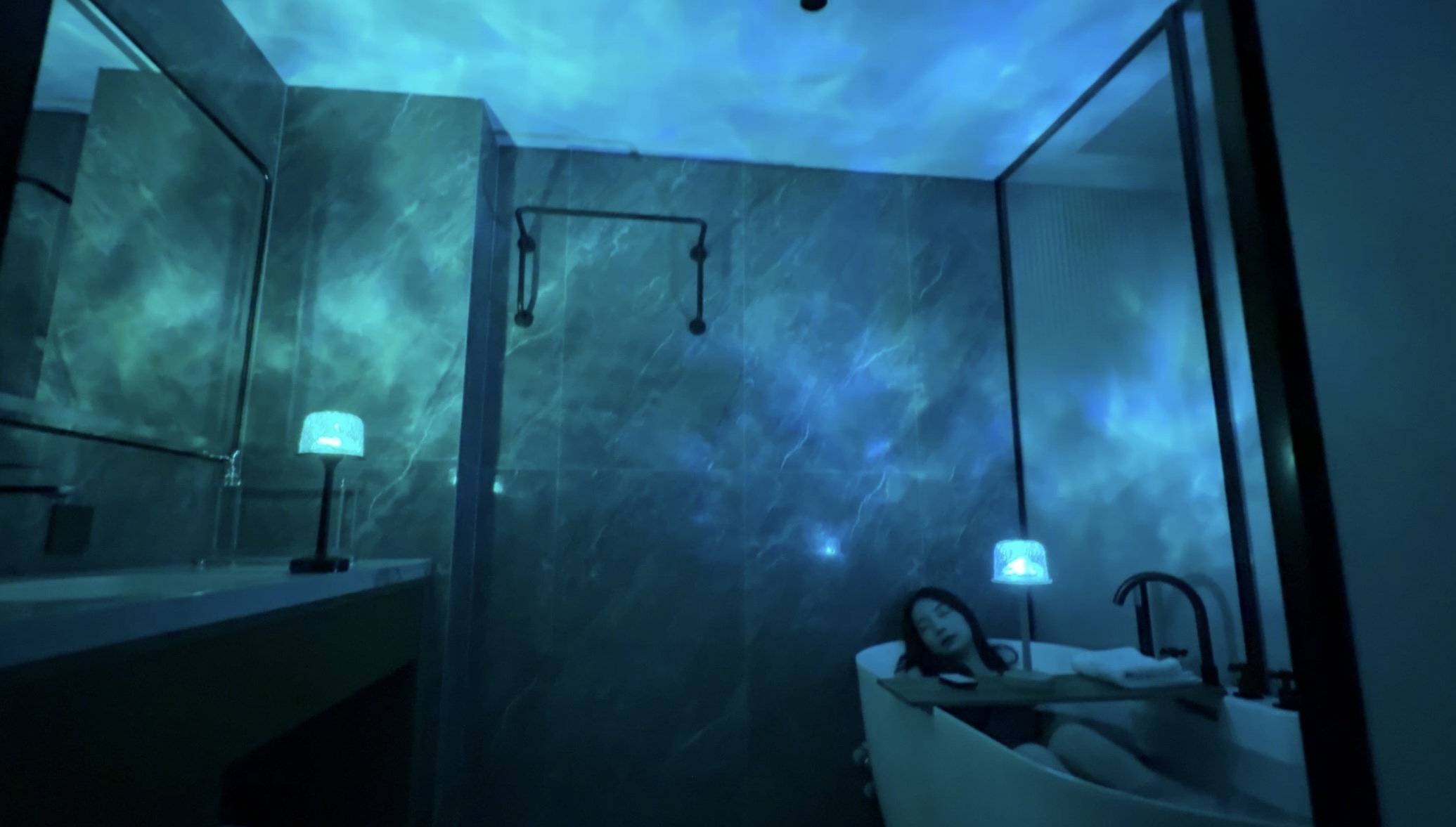 Image of Waterproof Shower Mood Lamp with Ocean Wave Projector, Outdoor Table Lamp | 16 Colors, Cordless, USB-C Rechargeable, Remote & Touch Control, LED Bathroom Lamp for Inside Shower, Bathtub, Relaxing Spa
