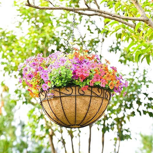 Miniatura 6 de Paquete de 4 macetas colgantes de metal de 14 pulgadas, maceta colgante de coco redondo natural, maceta de coco para colgar flores, verduras, hogar,
