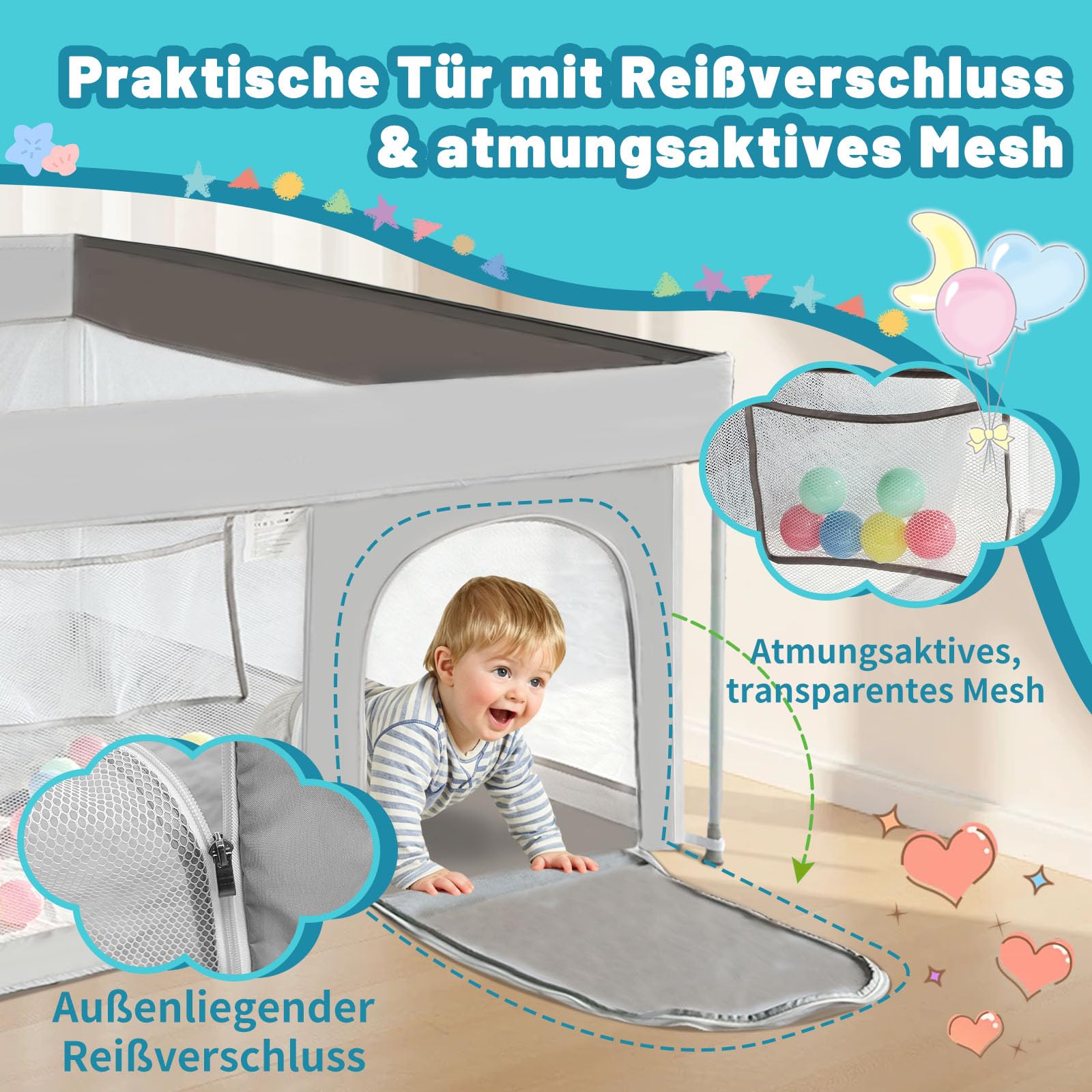 Parc pour bébé pliable avec tapis, 127 x 127 cm | Pare-bébé avec filet respirant et sac de transport, clôture pour enfants pour l'intérieur et l'extérieur